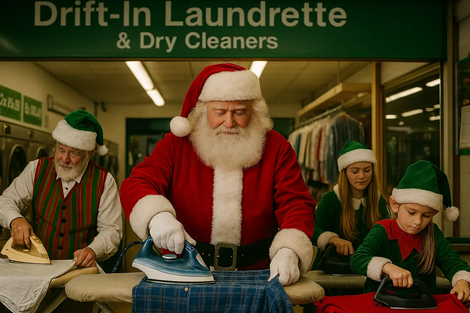 Santa Claus and his elfs Ironing.webp